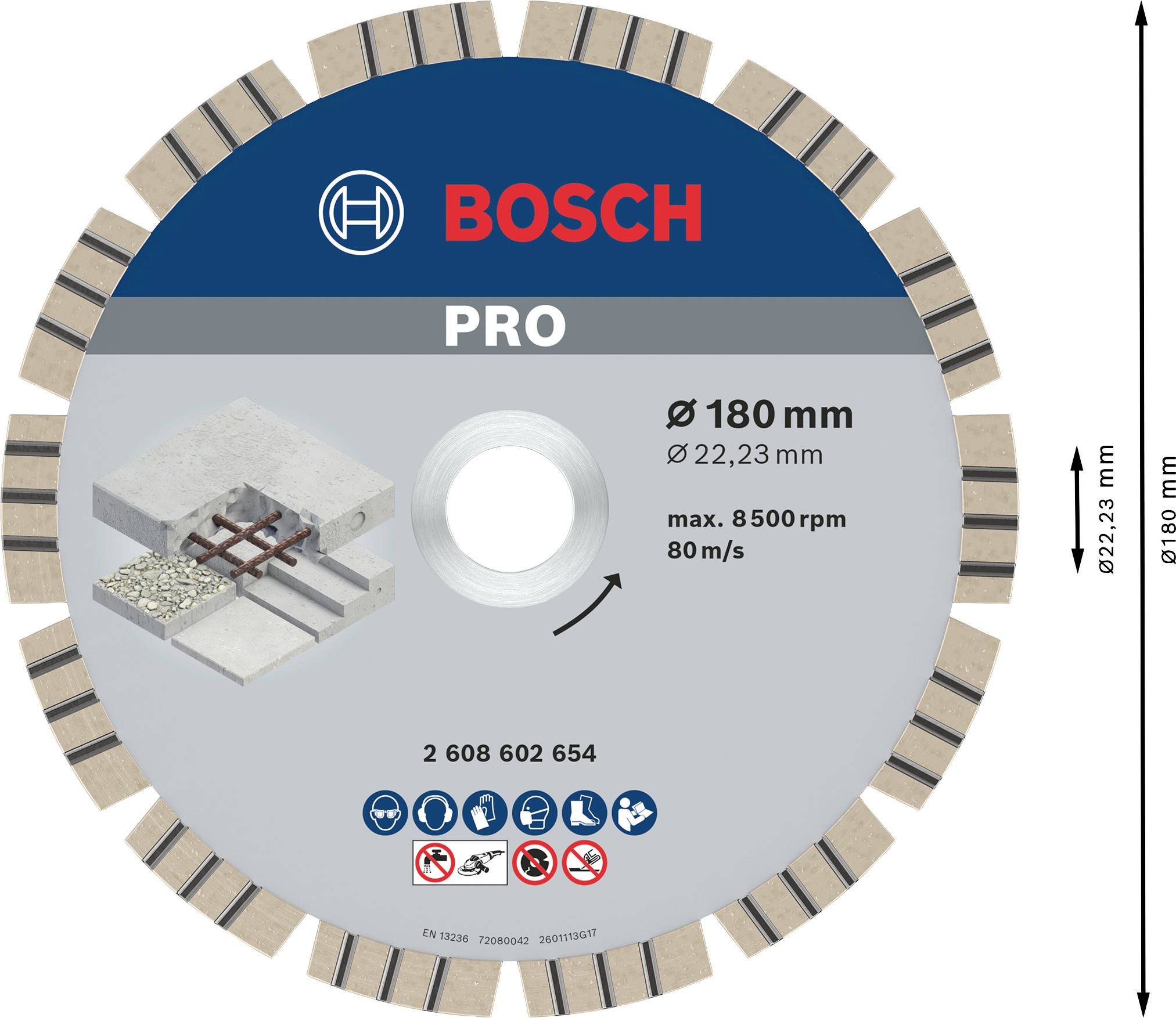 Tarcza diamentowa marki Bosch Pro, średnica 180 mm, otwór 22,23 mm, maks. 8500 obr/min, przeznaczona do betonu i kamienia.