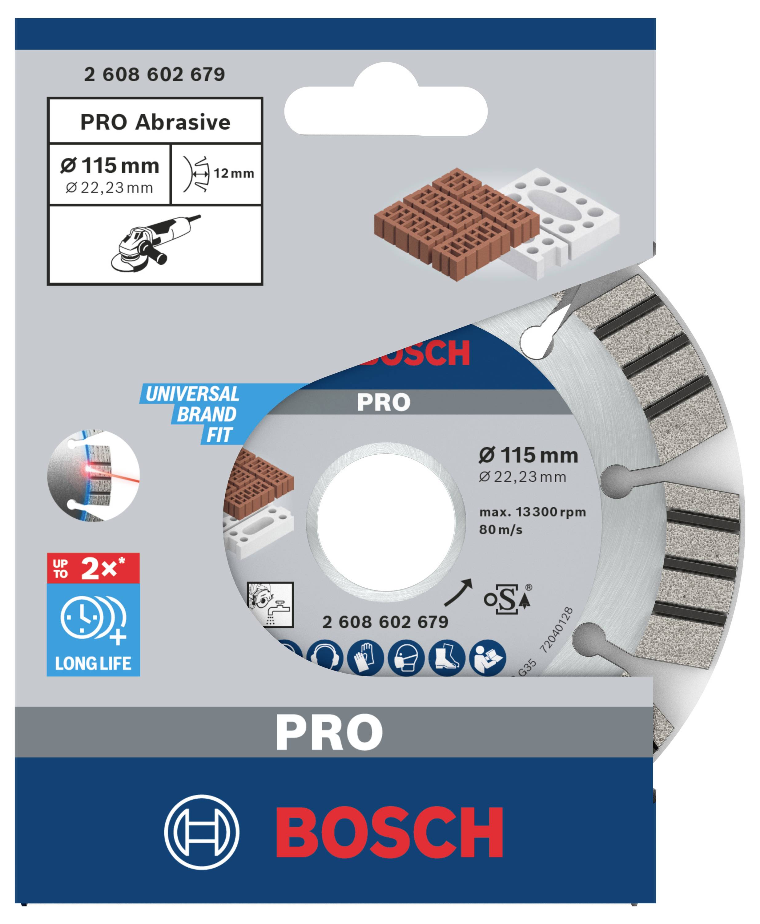 Tarcza ścierna Bosch, 'PRO Abrasive', ø115 mm, do cięcia cegły i kamienia. Długa żywotność i uniwersalne dopasowanie.