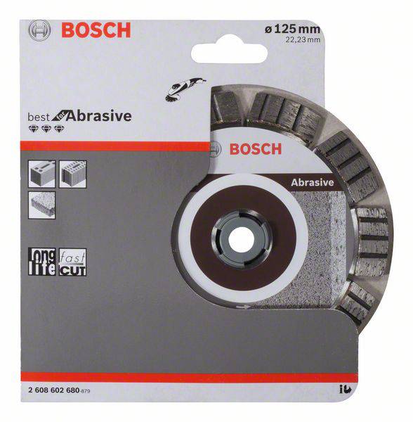 Tarcza szlifierska Bosch w opakowaniu, odpowiednia dla wierteł o średnicy 125 mm i 22,23 mm. Opakowanie przedstawia logo i sugerowane zastosowania.