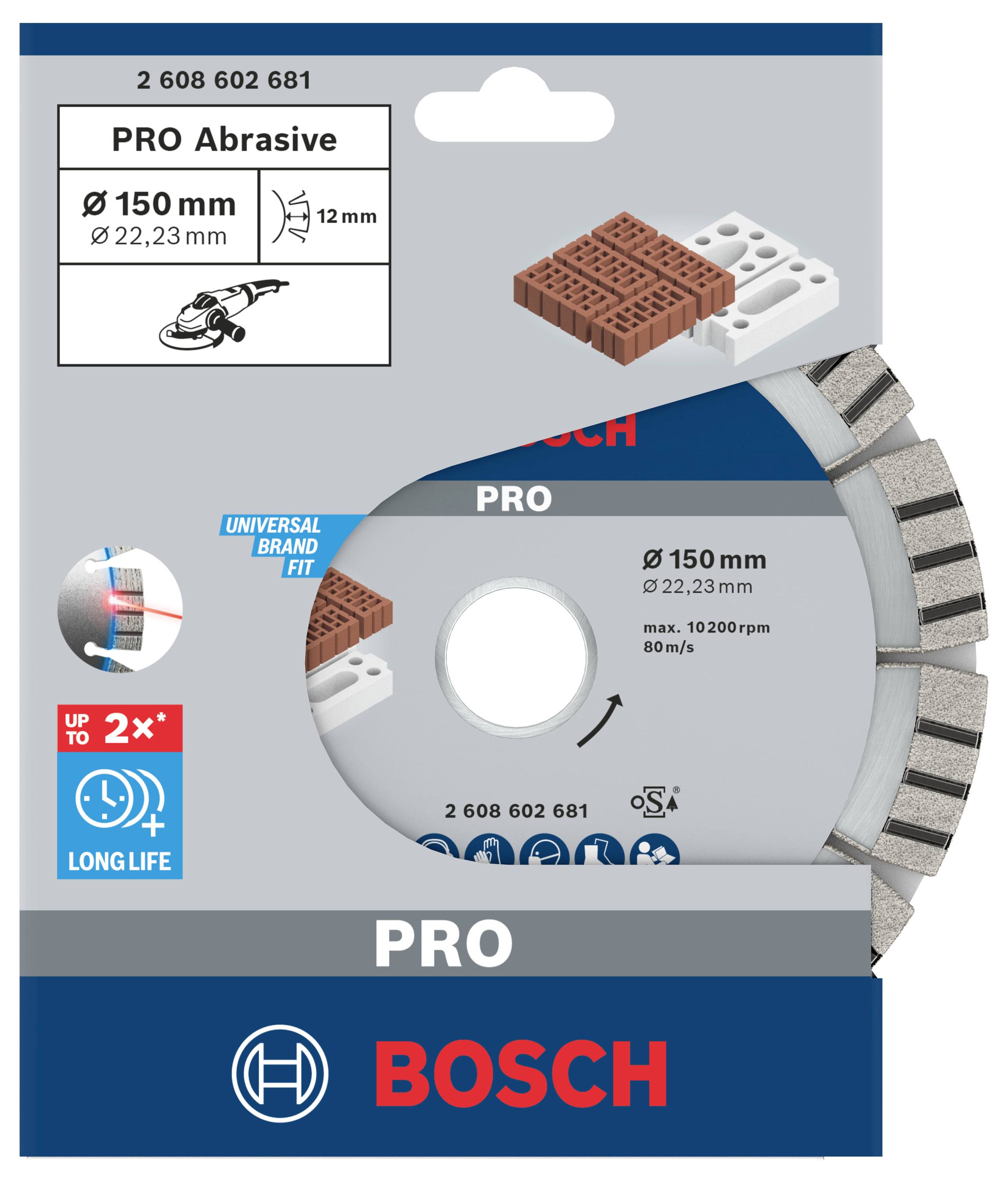 Opakowanie diamentowej tarczy tnącej PRO Abrasive firmy Bosch. Przeznaczona do cegły. Średnica tarczy 150 mm, otwór 22,23 mm.