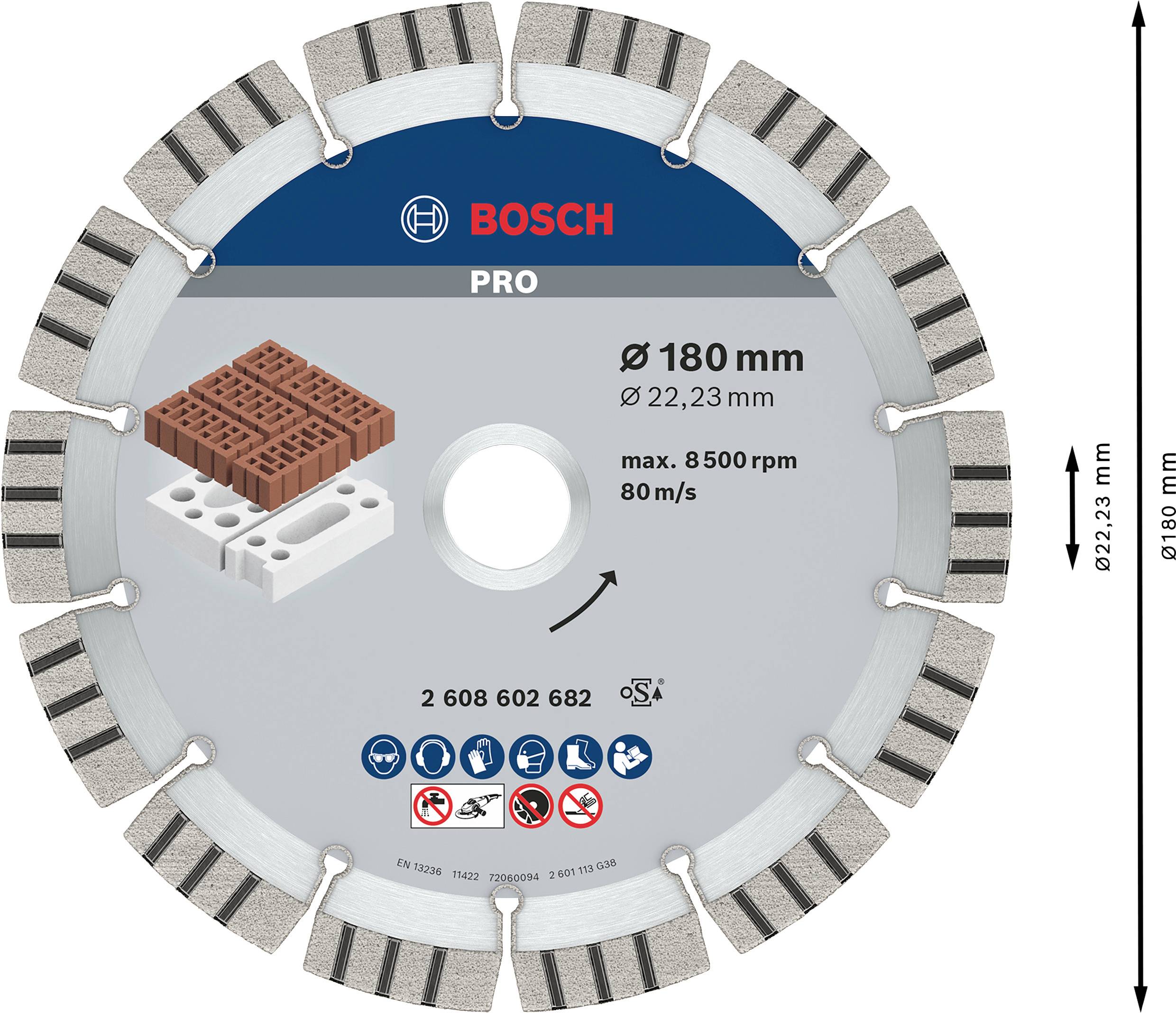 Tarcza szlifierska Bosch o średnicy 180 mm, przeznaczona do cegły; prędkość do 8500 obr./min.