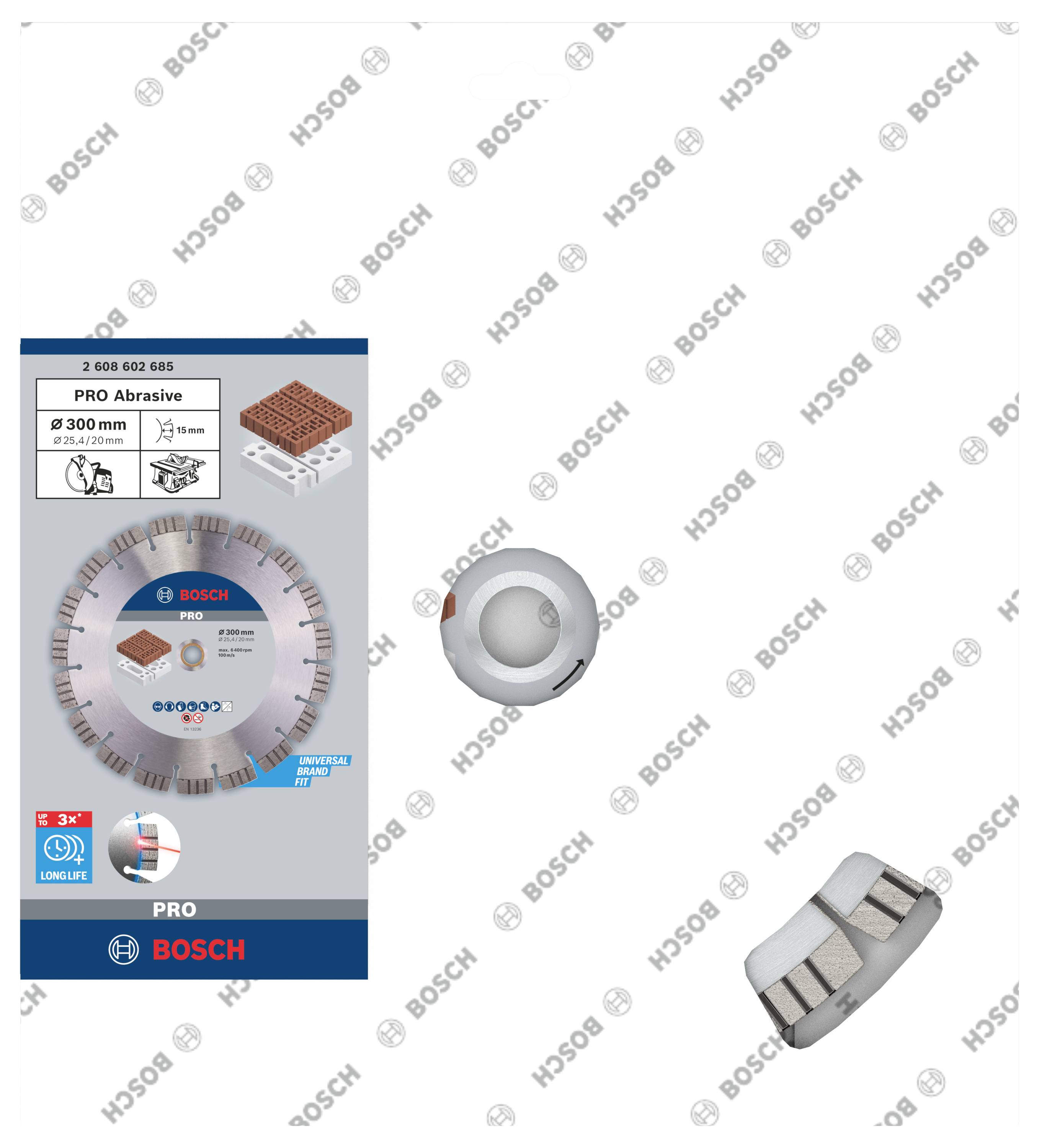 'Bosch PRO Abrasive', tarcza diamentowa Ø 300 mm do cięcia materiałów budowlanych i skalnych, widok z przodu i z tyłu.