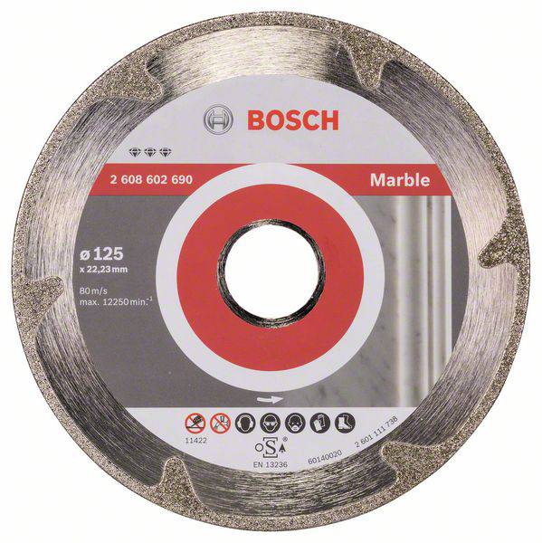Tarcza diamentowa Bosch do marmuru, średnica 125 mm, maks. 80 m/s, symbole ISO bezpieczeństwa, teksty informacyjne i kod produktu.