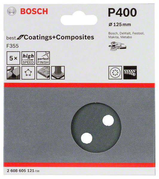 Opakowanie tarczy szlifierskiej Bosch P400, Ø 125 mm, kompatybilnej z narzędziami Bosch, DeWalt, Festool, Makita, Metabo, z ikonami: wysoka prędkość, doskonałe wykończenie.