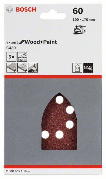 Tarcza szlifierska Bosch, model 'C430', odpowiednia do drewna i farby, rozmiar 100 x 170 mm, ziarnistość 60, ilustracja zastosowań.