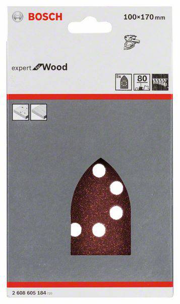 'Papier ścierny Bosch do drewna, 100x170 mm. Ziarnistość 80, opakowanie przedstawia papier ścierny i zastosowanie do powierzchni drewnianych.'