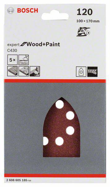 Zestaw arkuszy ściernych marki Bosch, odpowiedni do drewna i farby, ziarnistość 120, rozmiar 100 x 170 mm, 5 sztuk.