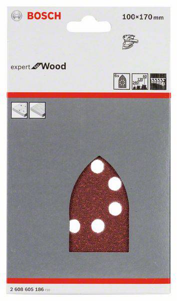 Papier ścierny Bosch do drewna, 100x170 mm, typ deltoidalny. Opakowanie zawiera ilustrację i tekst: 'ekspert do drewna', zawiera arkusze ścierne.