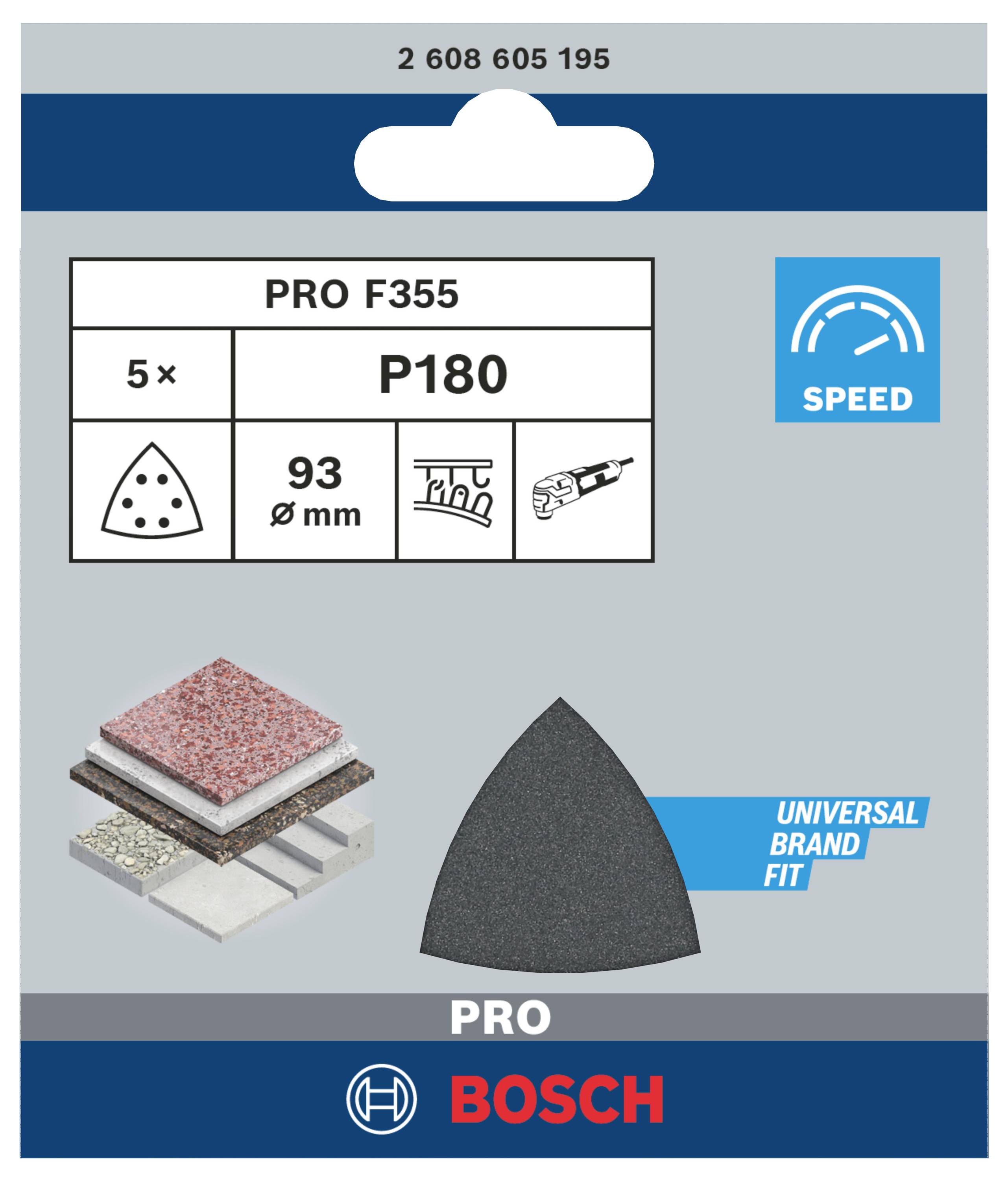 Opakowanie z papierami ściernymi Bosch, model PRO F355, gradacja P180, odpowiednie do różnych materiałów, średnica 93mm.