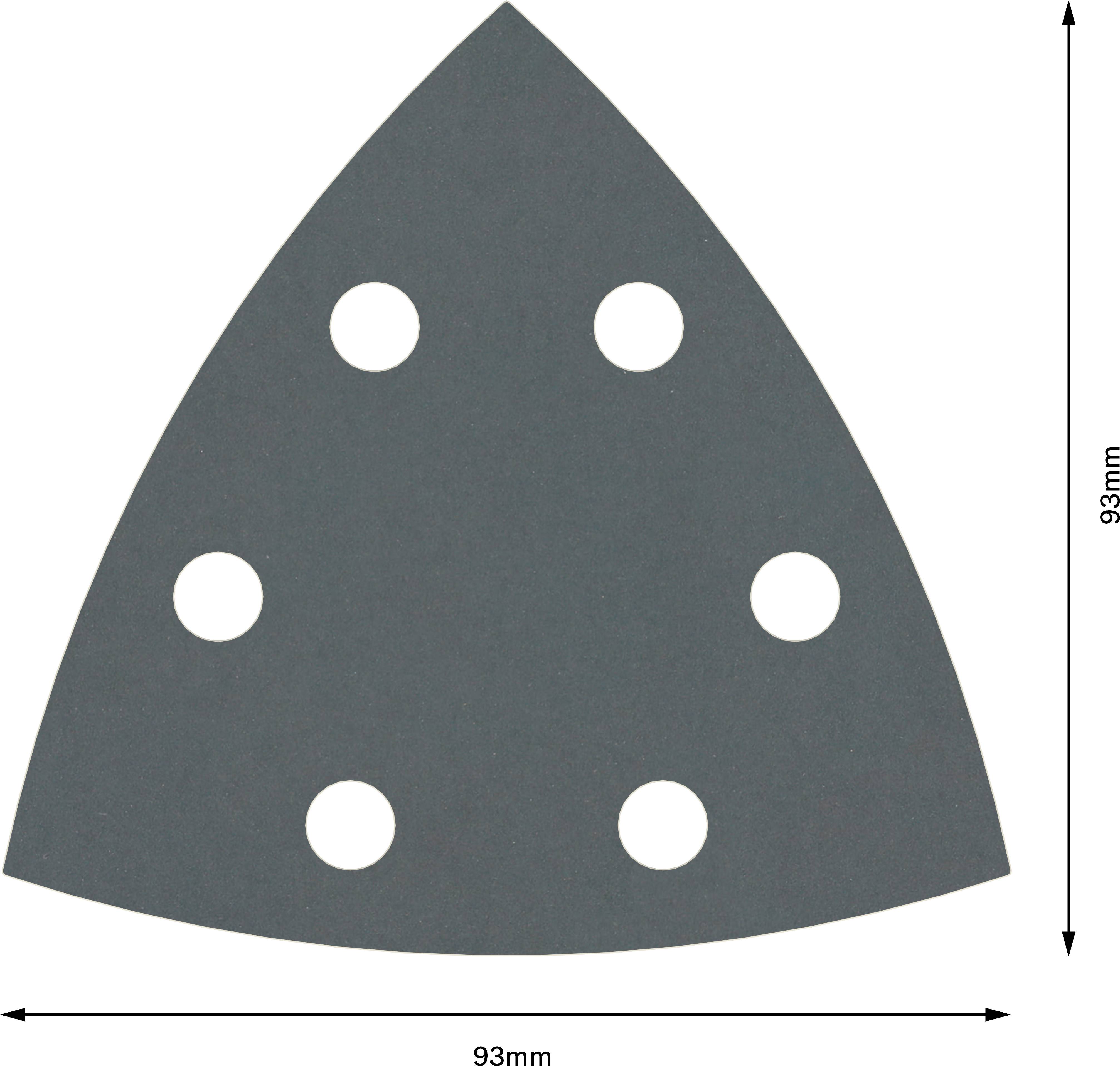 Trójkątny papier ścierny z sześcioma otworami, o wymiarach 93 mm x 93 mm.