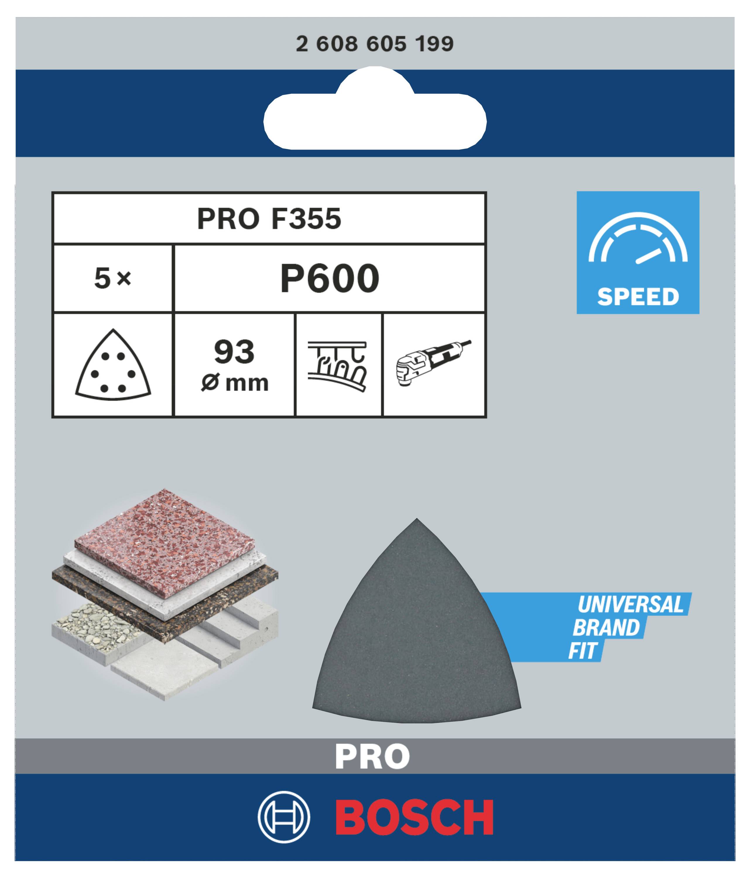 Papier ścierny Bosch PRO F355, gradacja P600, 5 sztuk, trapezowy, 93 mm, pasujący do różnych powierzchni i narzędzi.