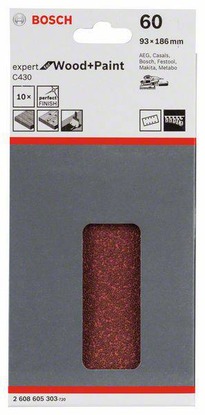 Opakowanie papieru ściernego Bosch, ziarnistość 60, odpowiednie do drewna i farby. Zawiera 10 sztuk, wymiary 93 x 186 mm. Kompatybilne z wieloma markami.
