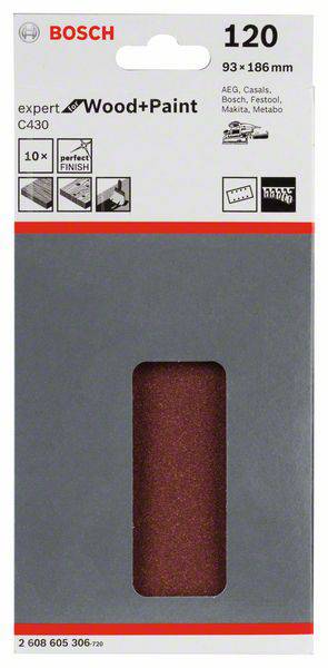 Papier ścierny Bosch 93 x 186 mm, ziarnistość 120, odpowiedni do obróbki drewna i lakieru. Opakowanie prezentuje możliwości zastosowania.
