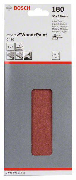 Papier ścierny w opakowaniu Bosch. Odpowiedni do drewna i farby, ziarnistość 180, wymiary 93 x 230 mm. Zawiera 10 arkuszy.