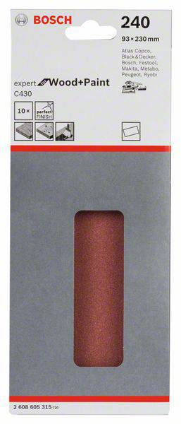 Papier ścierny Bosch, ziarnistość 240, do drewna i farby. Opakowanie prezentuje produkt do szlifierek. Wymiary: 93 x 230 mm, 10 sztuk.