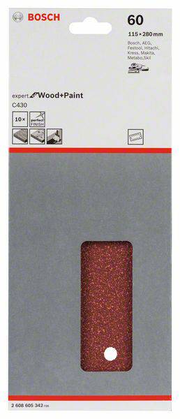 Opakowanie papieru ściernego Bosch 'expert for Wood+Paint' o ziarnistości 60, rozmiar 115 x 280 mm, odpowiedni do drewna i farby.