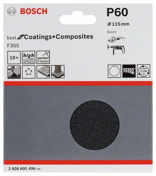 Tarcza szlifierska Bosch, model P60, Ø 115 mm, do wysokich prędkości i doskonałego wykończenia, odpowiednia do powłok i materiałów kompozytowych.