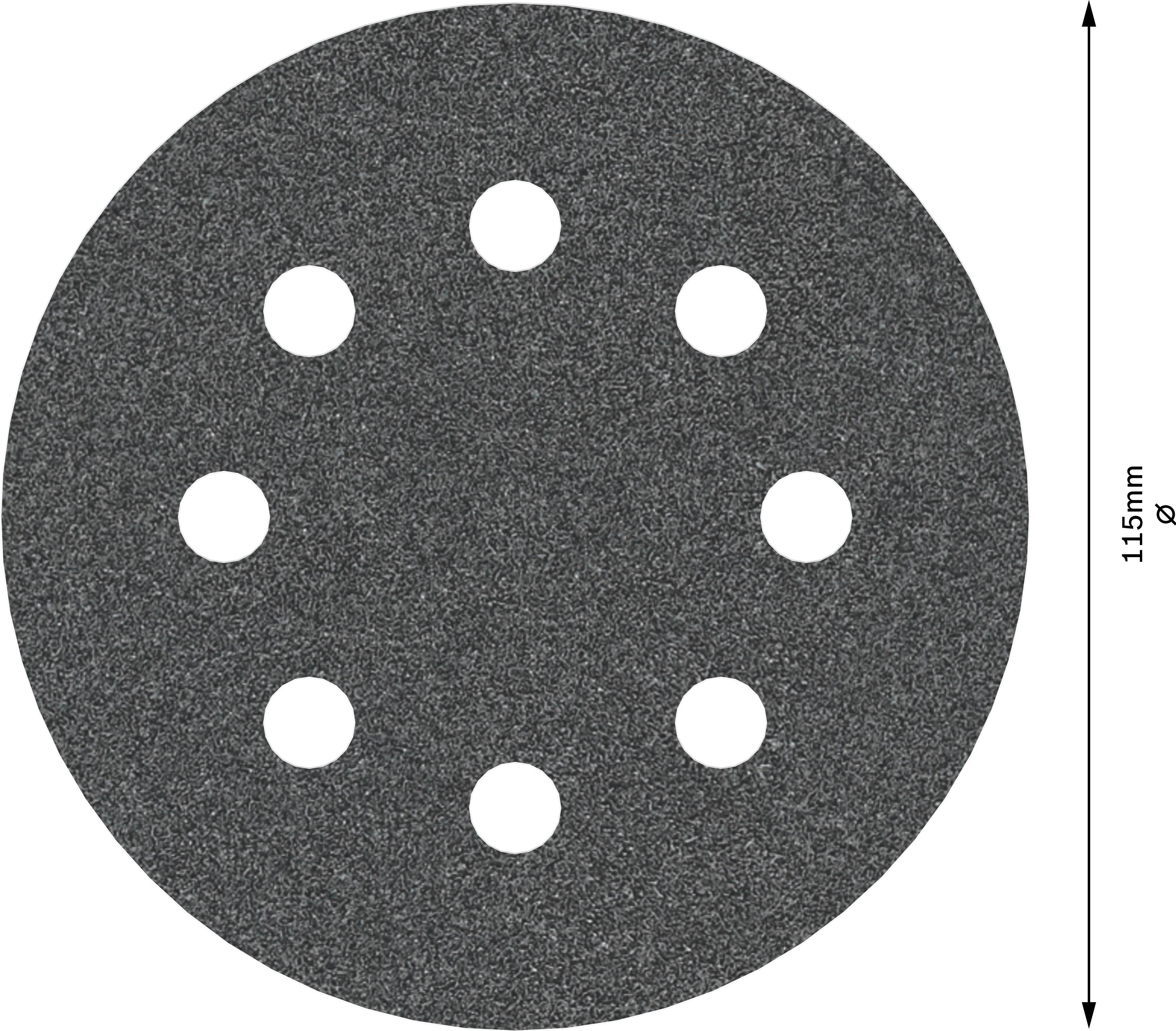 Szary papier ścierny z ośmioma otworami i średnicą 115 mm.