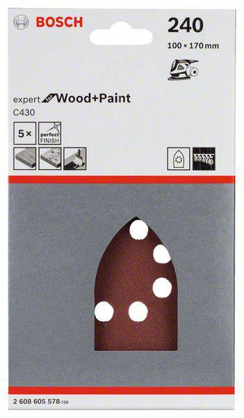 Opakowanie na arkusze ścierne Bosch, ziarnistość 240, 100 x 170 mm do drewna i farby. Zawiera wizualizowany symbol zastosowania i ilości: 5 sztuk.