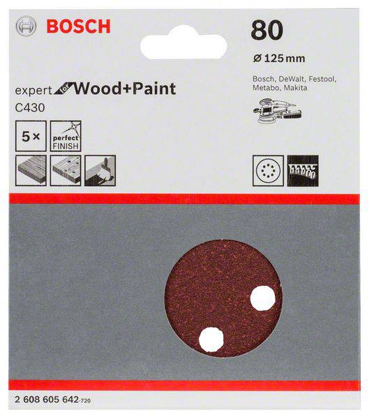 Papier ścierny Bosch C430 do drewna i farby, ziarnistość 80, 125 mm, 5 sztuk, kompatybilny z Bosch, DeWalt, Festool, Metabo, Makita.