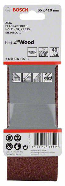 Pas szlifierski firmy Bosch, 65x410 mm, odpowiedni do AEG, Black&Decker, Metabo. Zawiera 40 ziarnistości, idealny do prac drewnianych.