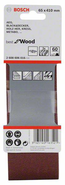 Opakowanie papieru ściernego Bosch o wymiarach 65 x 410 mm, odpowiednie do różnych marek. Zawiera 3 arkusze o gradacji 60.