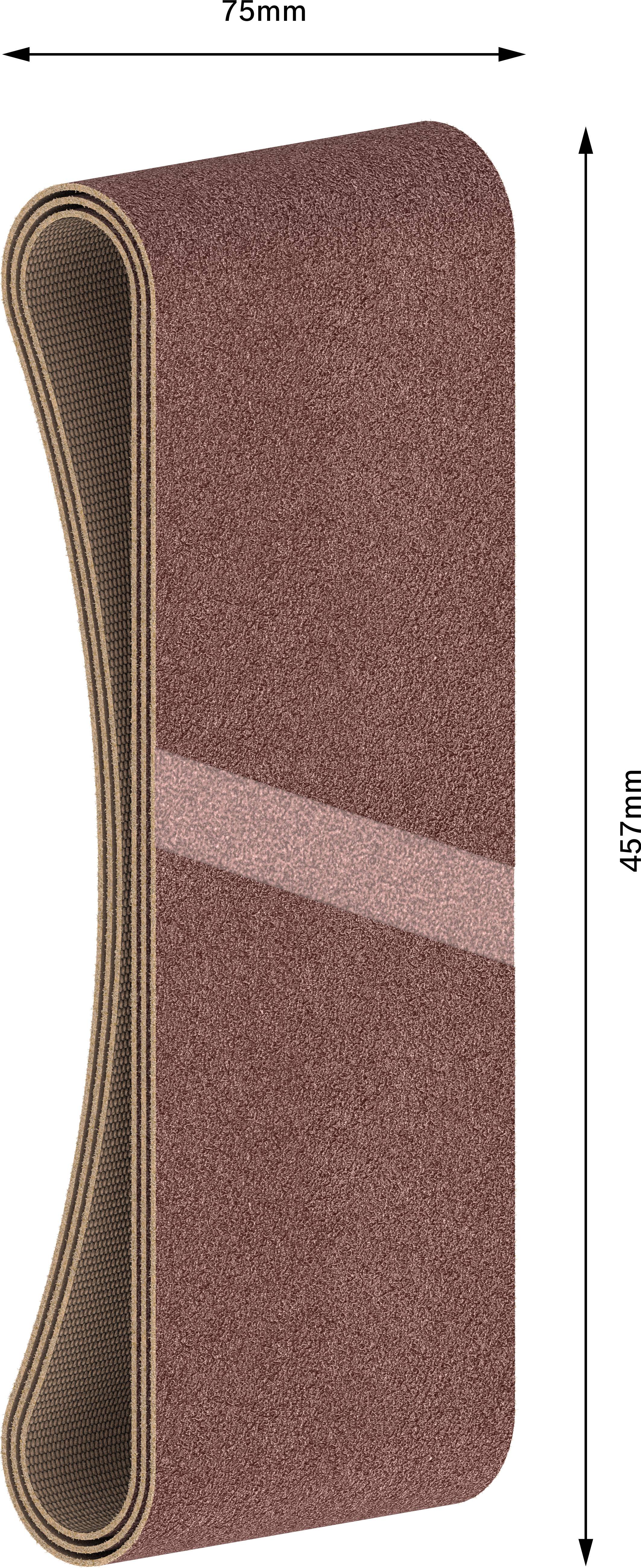 Taśma szlifierska, prostokątna, brązowa, długość 457 mm, szerokość 75 mm, ze szwem ukośnym pośrodku, pokazuje kierunek szlifowania i wymiary.