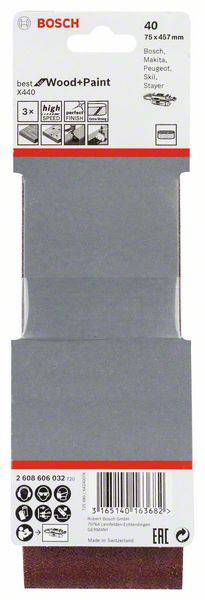 Szara taśma szlifierska z czerwonym papierem ściernym, marki Bosch, specjalnie do drewna i farby, ziarnistość 40, wymiary 75 x 457 mm.