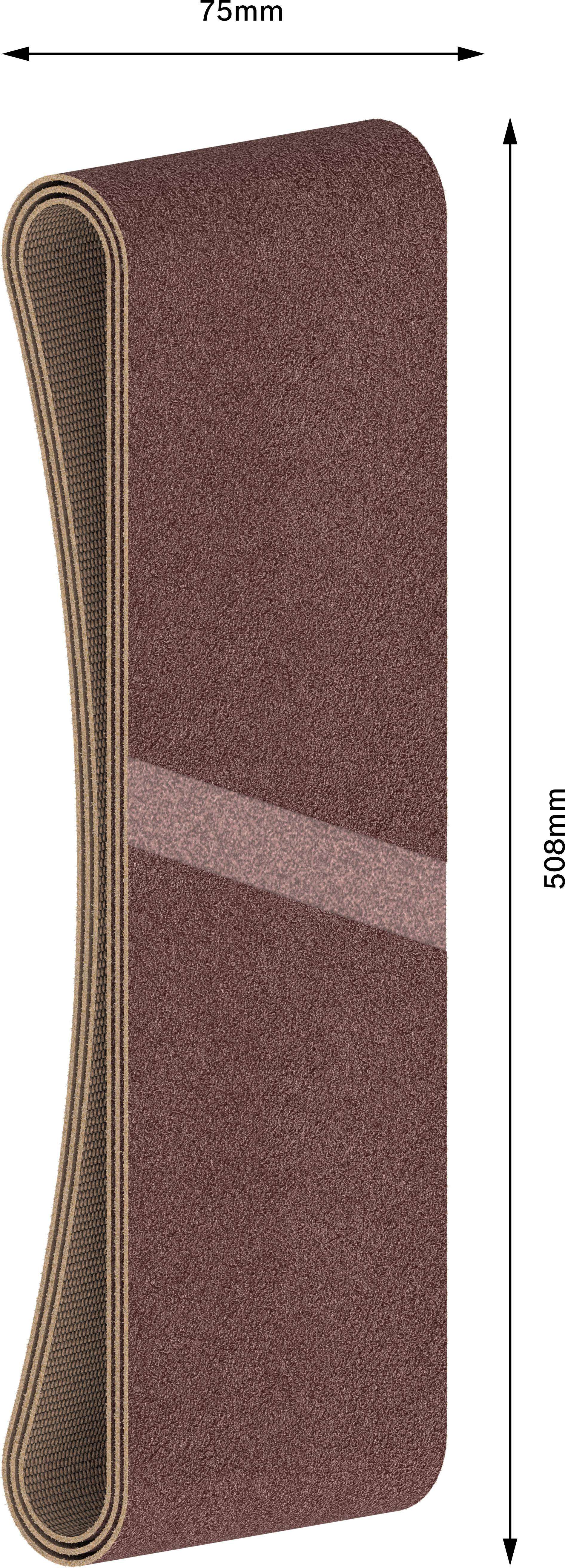 Ilustracja taśmy szlifierskiej o wymiarach 75 mm szerokości i 500 mm długości. Taśma jest brązowa z jaśniejszym paskiem pośrodku.