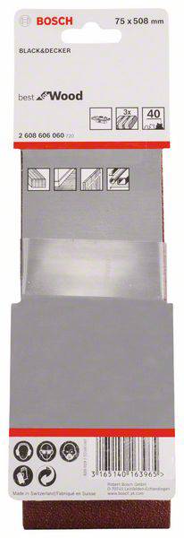 'Bosch', '75 x 508 mm', 'najlepsze do drewna', papier ścierny do szlifierki taśmowej, ziarnistość 40, ilustracje do obróbki drewna.