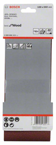 Opakowanie pasów szlifierskich 'Bosch' do drewna, kompatybilne z różnymi szlifierkami. Wymiary: 100 x 560 mm. Zawiera 4 pasy szlifierskie.
