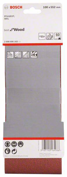 Opakowanie Bosch do papieru ściernego, odpowiednie do PEUGEOT i SKIL, o wymiarach 100 x 552 mm, idealne do prac drewnianych.