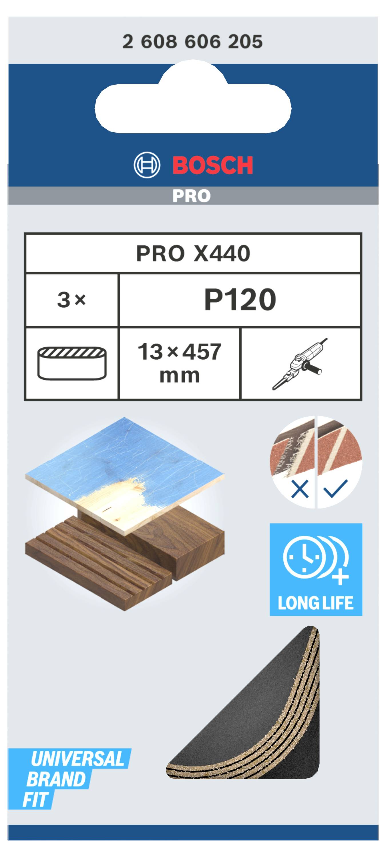 Opakowanie na taśmy szlifierskie Bosch, model Pro X440, gradacja P120, rozmiar 13 x 457 mm. Przeznaczone do drewna, trwałe.