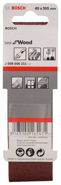 Papier ścierny Bosch, 40 x 305 mm, odpowiedni do drewna, zawiera 3 sztuki o gradacjach 80, 120, 240. Wyprodukowany w Szwajcarii.