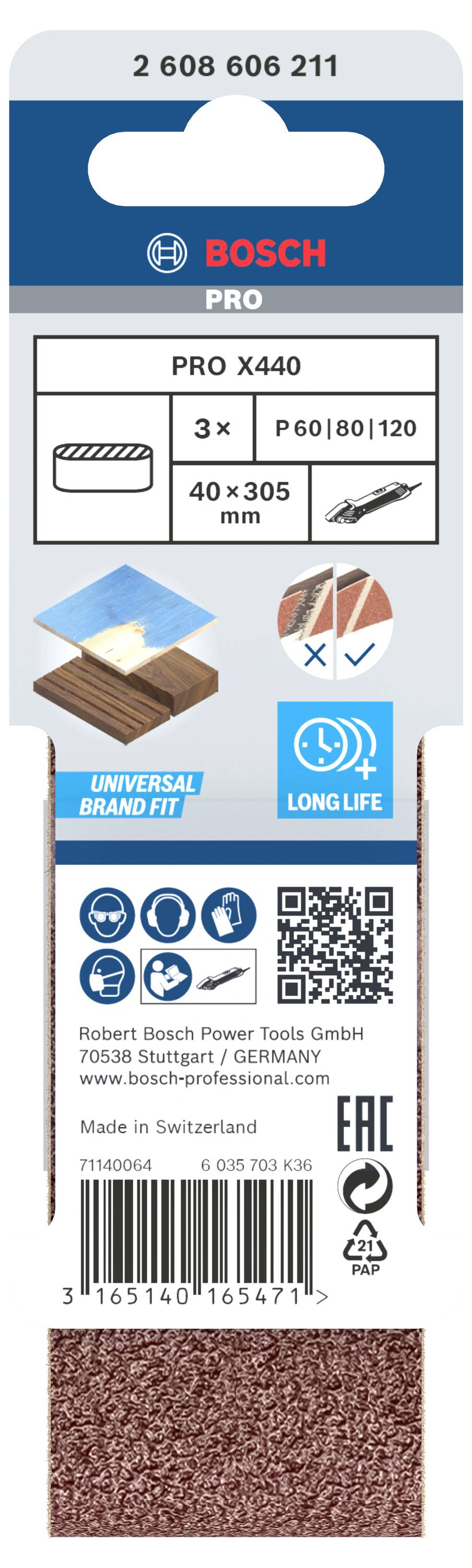Papier ścierny 'Bosch Pro X440', 3 sztuki, gradacja P60/80/120, 40 x 305 mm, uniwersalne dopasowanie, długa żywotność. Wyprodukowano w Szwajcarii.