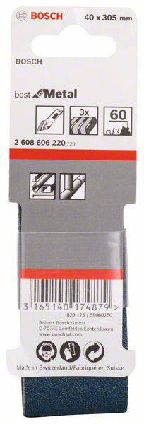 Papier ścierny Bosch, 40 x 305 mm, do metalu o gradacji 60, 3 sztuki. Opakowanie zawiera zdjęcia produktu i kod kreskowy.