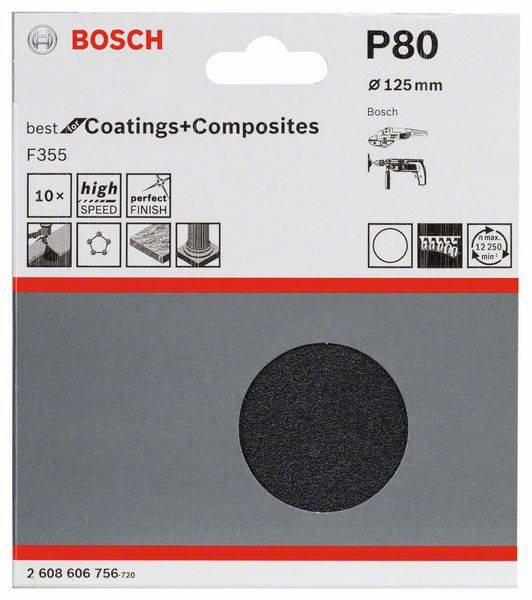 Tarcza szlifierska Bosch, odpowiednia do powłok i materiałów kompozytowych, średnica 125 mm, ziarnistość P80, 10 sztuk, numer katalogowy F355.