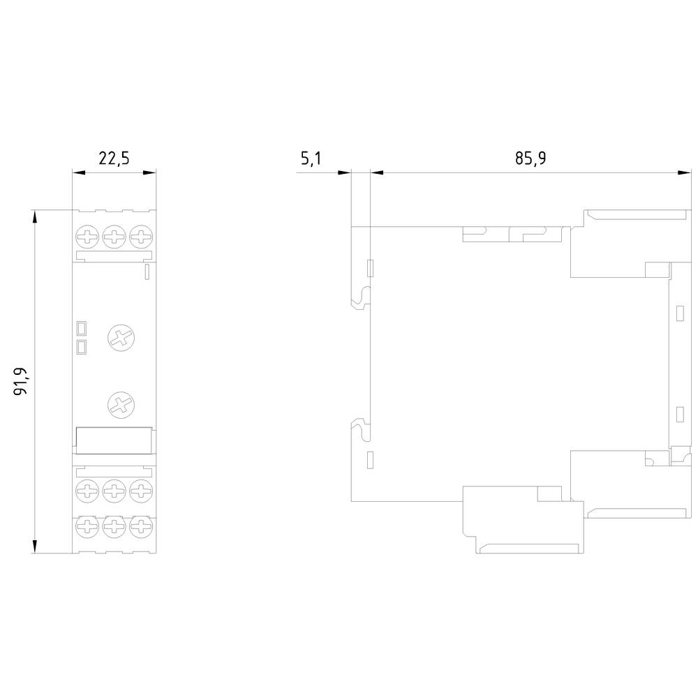 Rysunek techniczny obudowy prostokątnej o wymiarach: wysokość 91,6 mm, szerokość 22,5 mm, głębokość 85,9 mm, widok boczny 5,1 mm.