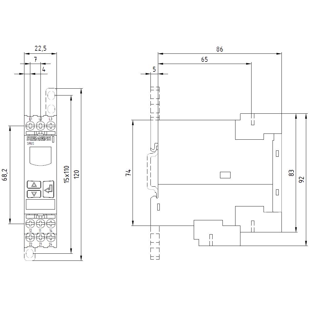 Rysunek techniczny elementu elektronicznego z wymiarami: szerokość 22,5 mm, wysokość 120 mm, głębokość 92 mm. Przedstawia szczegóły takie jak złącza i kontury.