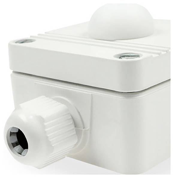 Czujnik ruchu w białej obudowie z podłączeniem kablowym, odpowiedni do instalacji wewnętrznych do wykrywania ruchu.