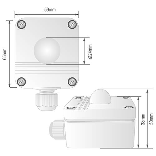 Rysunek techniczny czujnika z wymiarami: 65 mm × 59 mm × 38 mm. Oznaczone są: kopuła o średnicy Ø24 mm, wysokość 50 mm oraz śruby.