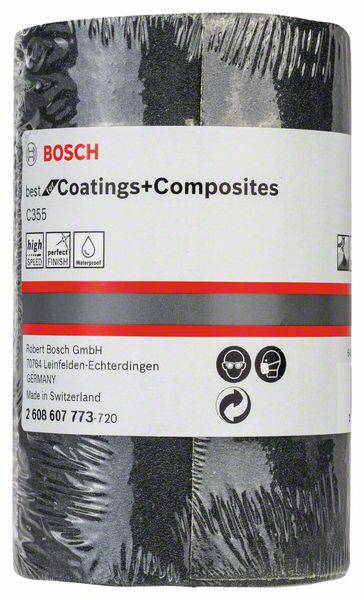 Rolka szlifierska Bosch dla 'Coatings+Composites', typ C355, Made in Switzerland. Idealna do obróbki zdzierowej, z certyfikacją i symbolami ochronnymi.