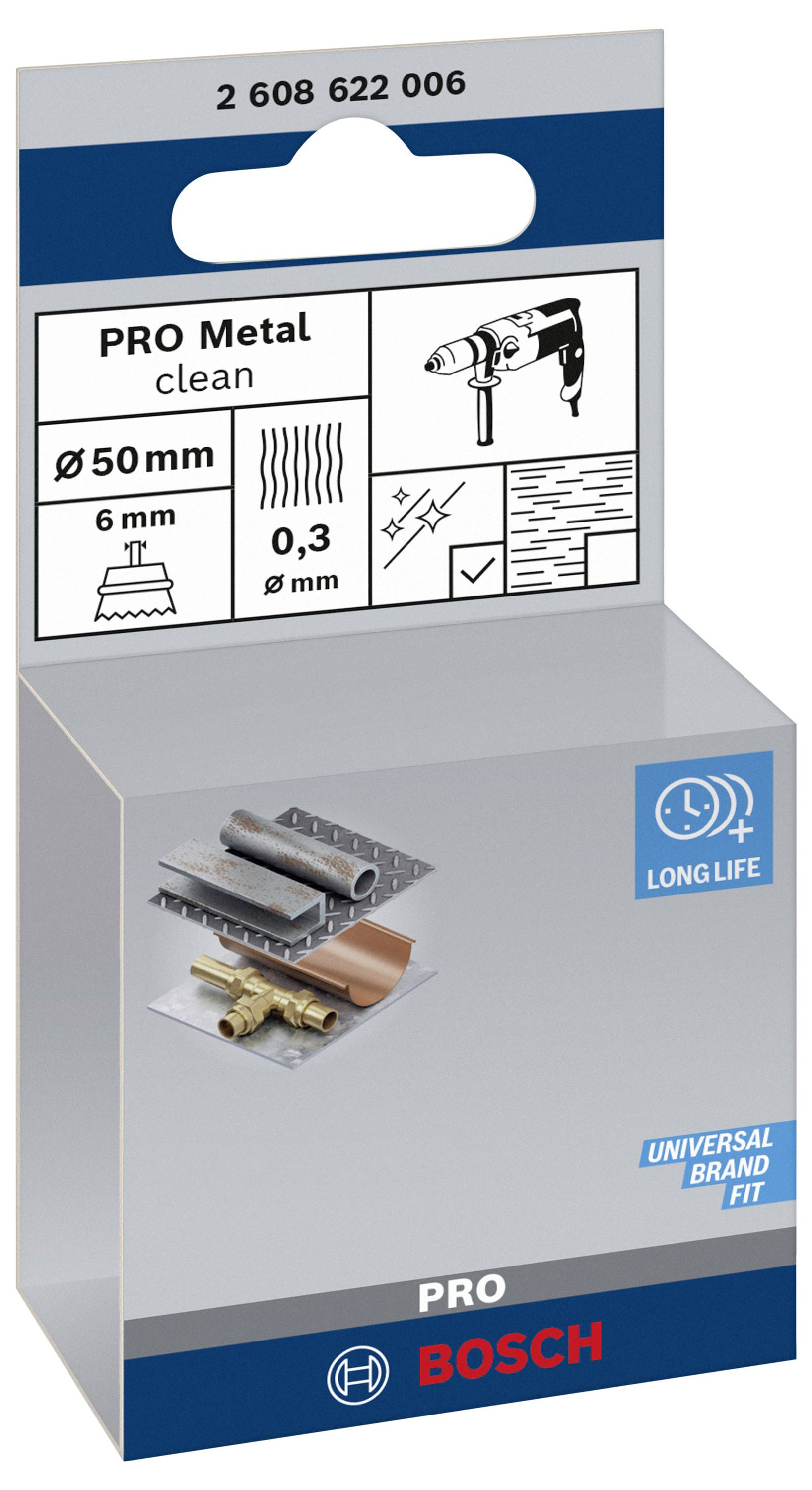 Opakowanie 'Bosch PRO Metal Clean' do nakładek na wiertarkę, 50 mm, średnica drutu 0,3 mm. Odpowiednie do czyszczenia metalu.