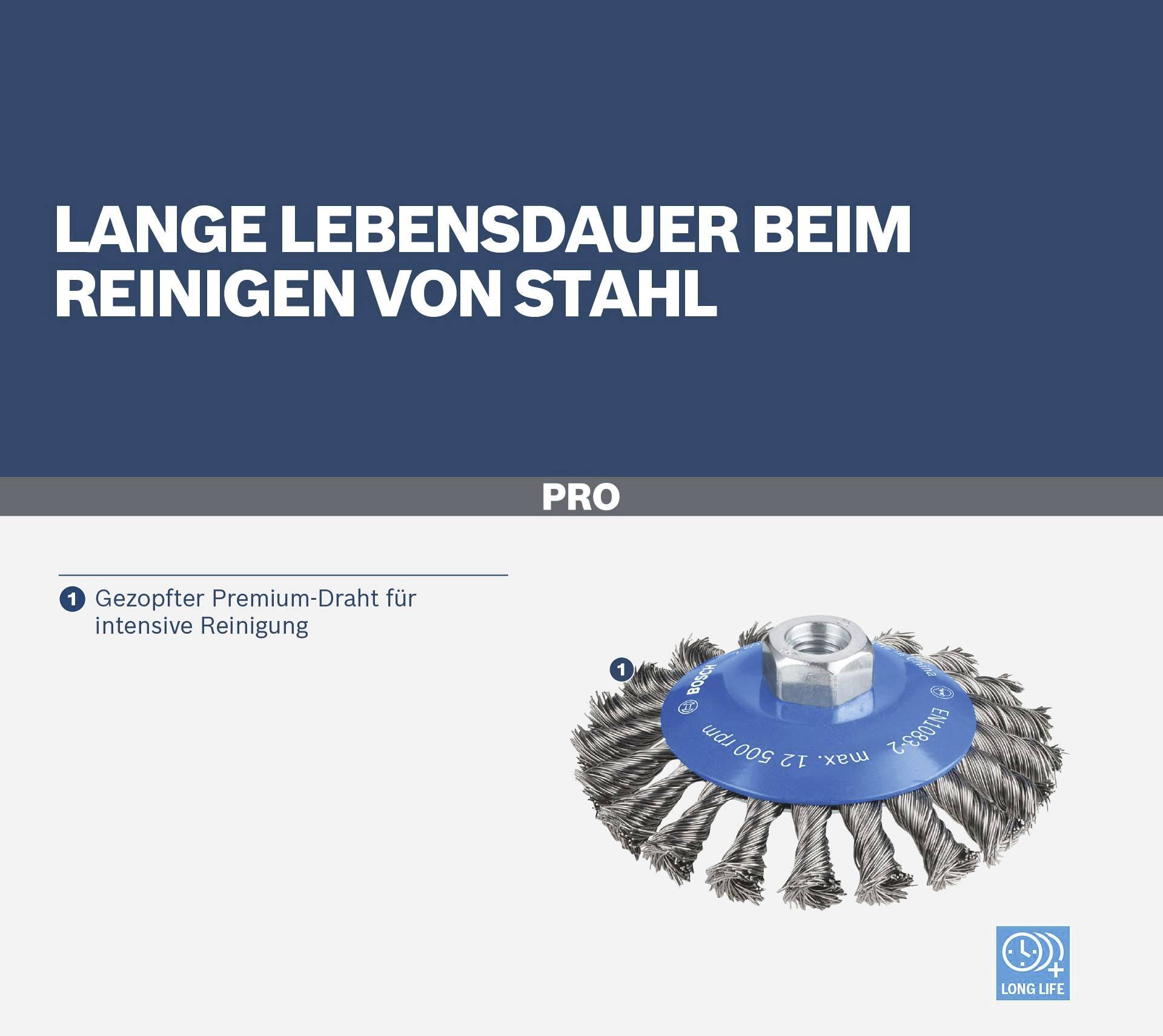 "Długa żywotność podczas czyszczenia stali" umieszczono nad szczotką druciną, która jest reklamowana jako wykonana z platanego drutu premium do intensywnego czyszczenia.