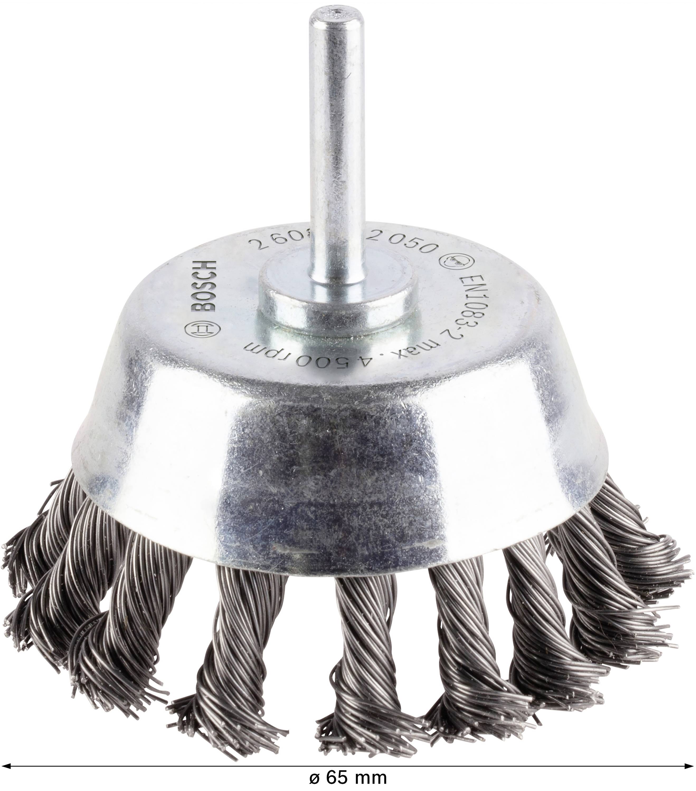 Szczotka tarczowa metalowa z włosiem ze stalowego drutu o średnicy 65 mm, odpowiednia do prac szlifierskich. Logo Bosch widoczne na górnej stronie.