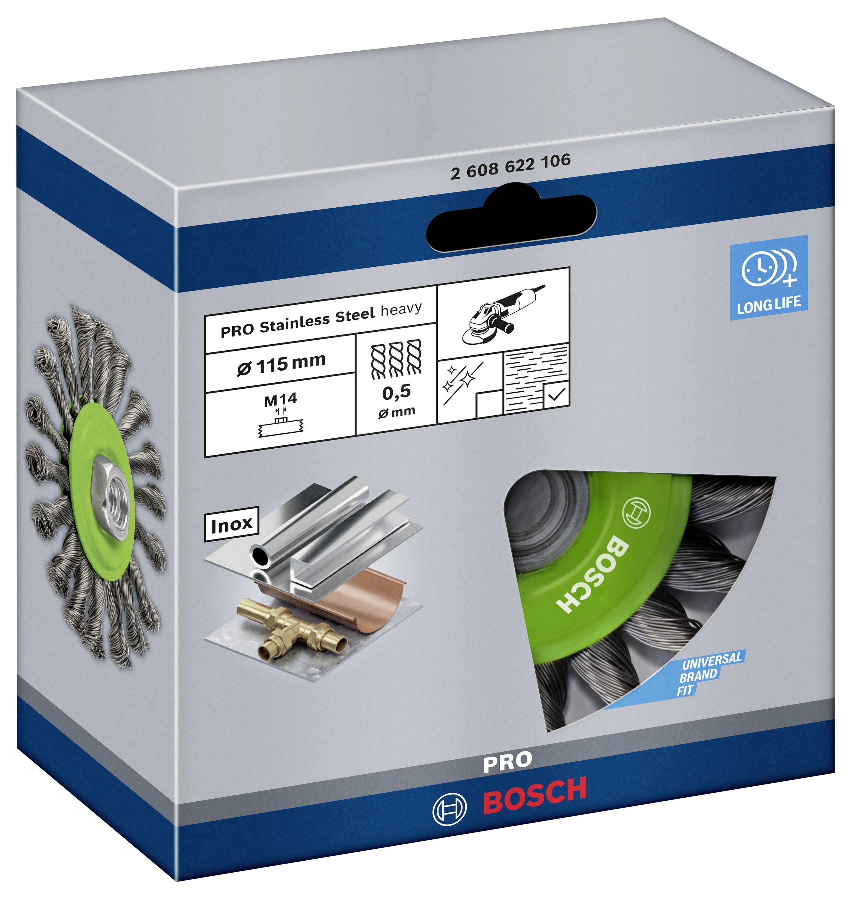 Obraz pokazuje opakowanie Bosch ze szczotką stalową. Odpowiednia do stali nierdzewnej, średnica 115 mm, gwint M14.