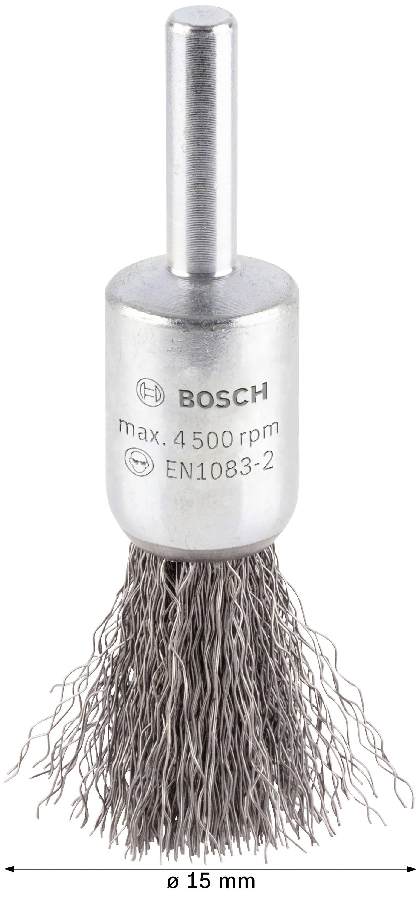 Nasadka z metalową szczotką firmy Bosch, przeznaczona do 4.500 obr/min, średnica 15 mm, numer modelu EN1083-2, zastosowanie: czyszczenie/polerowanie.