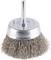 Okrągła szczotka metalowa z uchwytem, przeznaczona do użycia z wiertarką do usuwania rdzy lub farby.