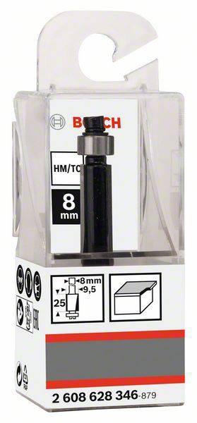 Frez twardziowy Bosch, materiał HM/TCT, średnica cięcia 8 mm. Opakowanie przedstawia zdjęcie produktu i schemat zastosowania z wymiarami.