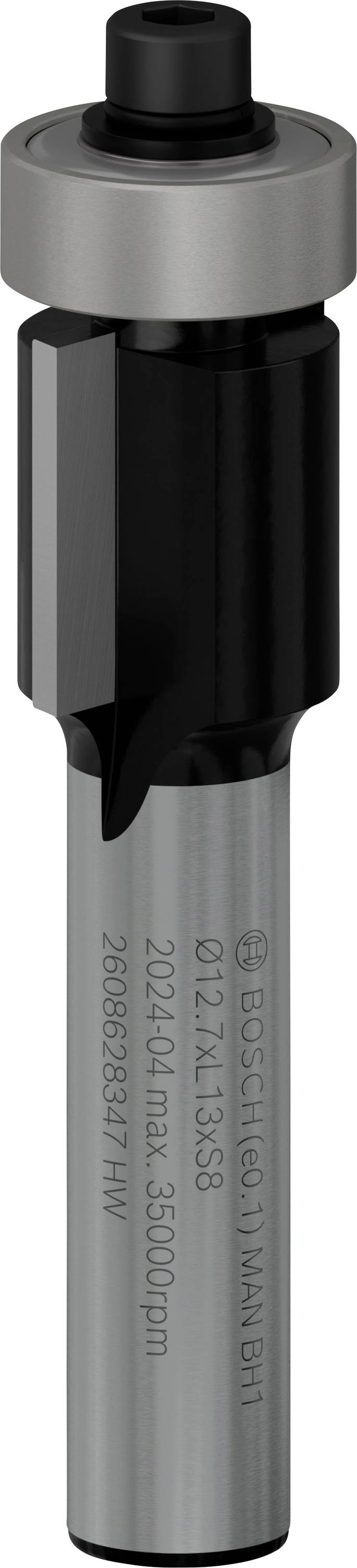 Frez o kształcie cylindrycznym, wykonany z metalu, z czarnym ostrzem i szarym uchwytem, często stosowany do precyzyjnego wiercenia lub frezowania w obróbce drewna.